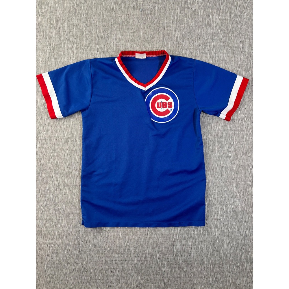 Chicago Cubs V-Neck Jersey Shirt Blue Red White Striped Trim MLB Fan